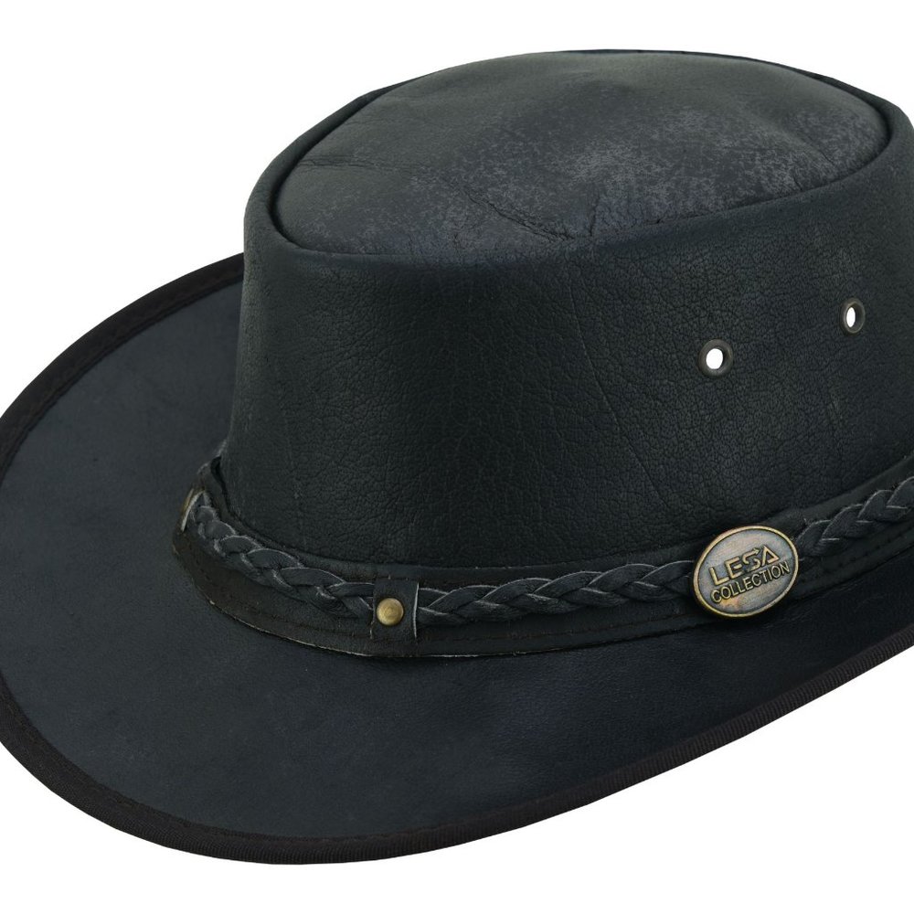 Lesa Collection Trekker Leather  Distressed Foldable Hat Cowboy Unisex  Brown